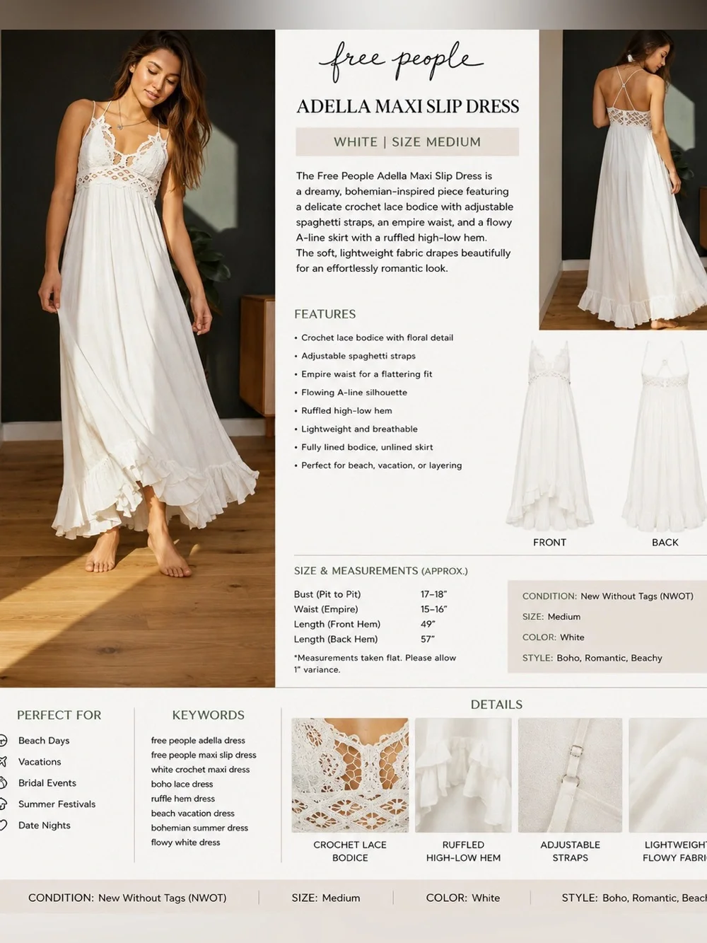 Free People Adella Maxi Slip Dress White Crochet Lace Boho Medium NWOT